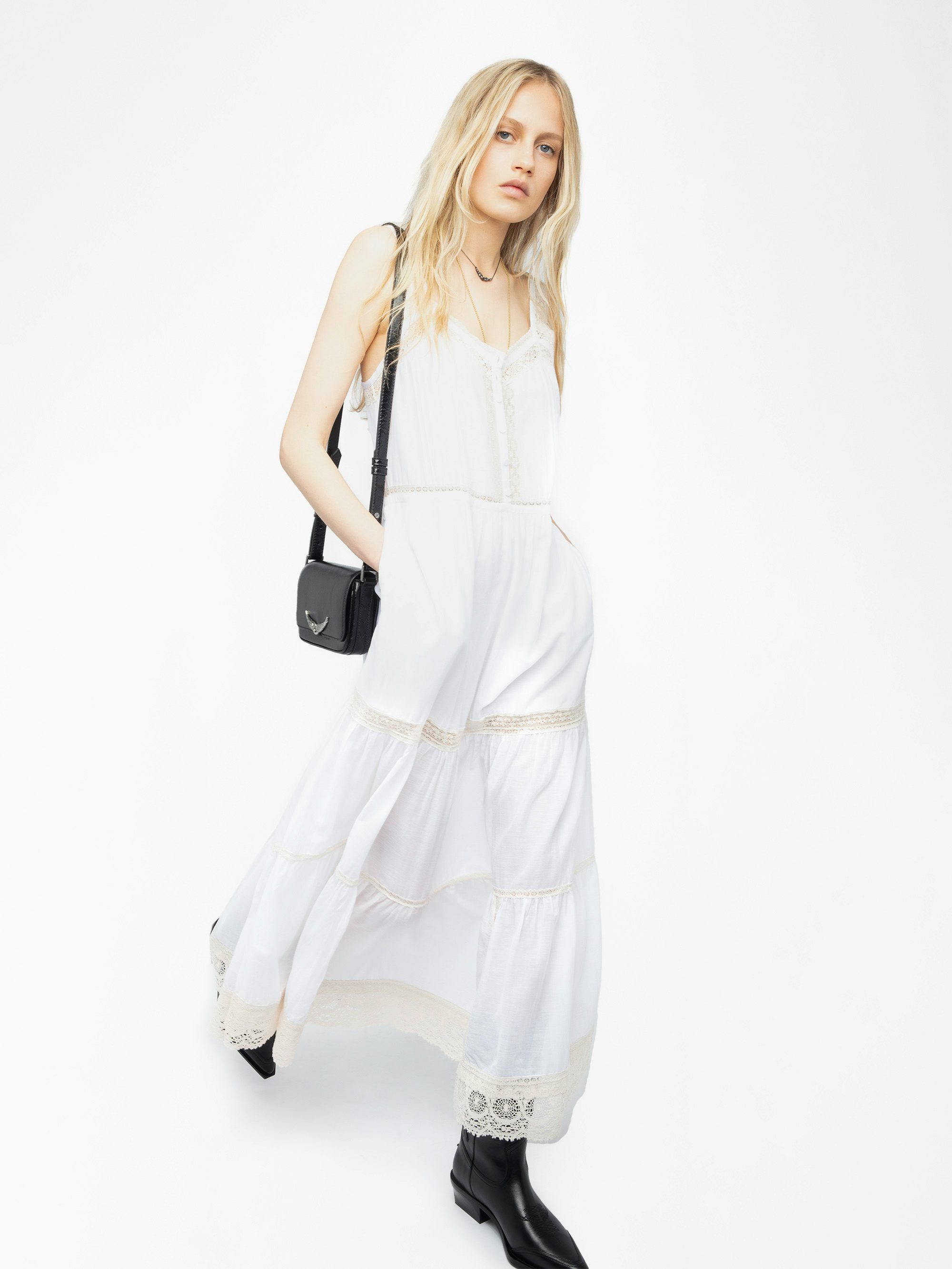 Relite Tomboy Dress - Long lingerie-inspired dress in cotton viscose, buttoned at the front, with lace straps.